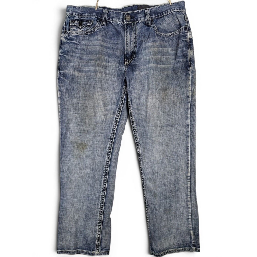 Axel Mens Straight Leg Jeans 36 x 30 Faded Distressed Blue Denim